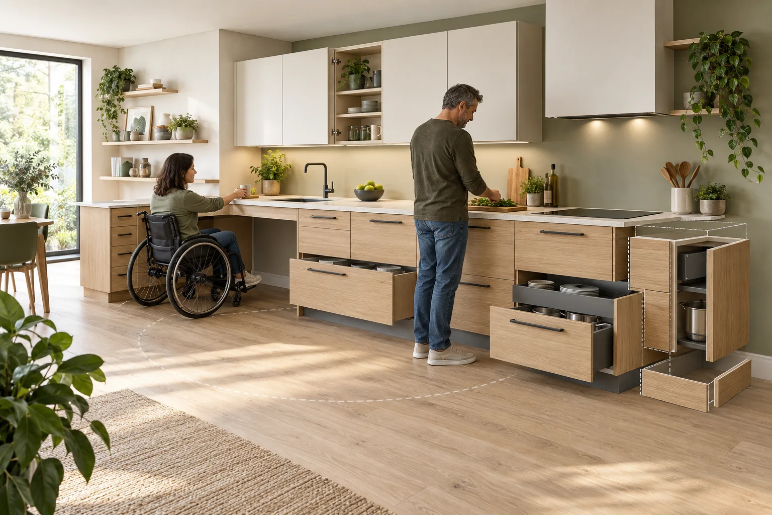 Illustrated adaptable kitchen with a wheelchair user at an open work zone, a standing user at an adjacent counter and reconfigurable storage