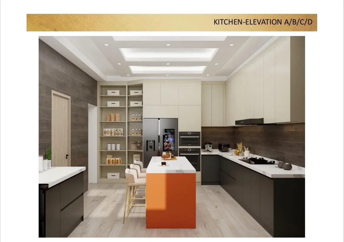 3D kitchen design with island, tall units and appliance cabinets for the Ghana project