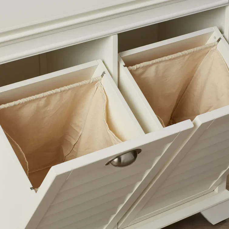 Pull-out twin laundry hamper fitted inside a cabinet