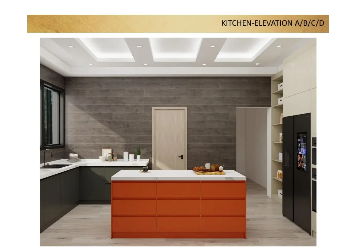 3D kitchen design with an orange island for the Ghana project