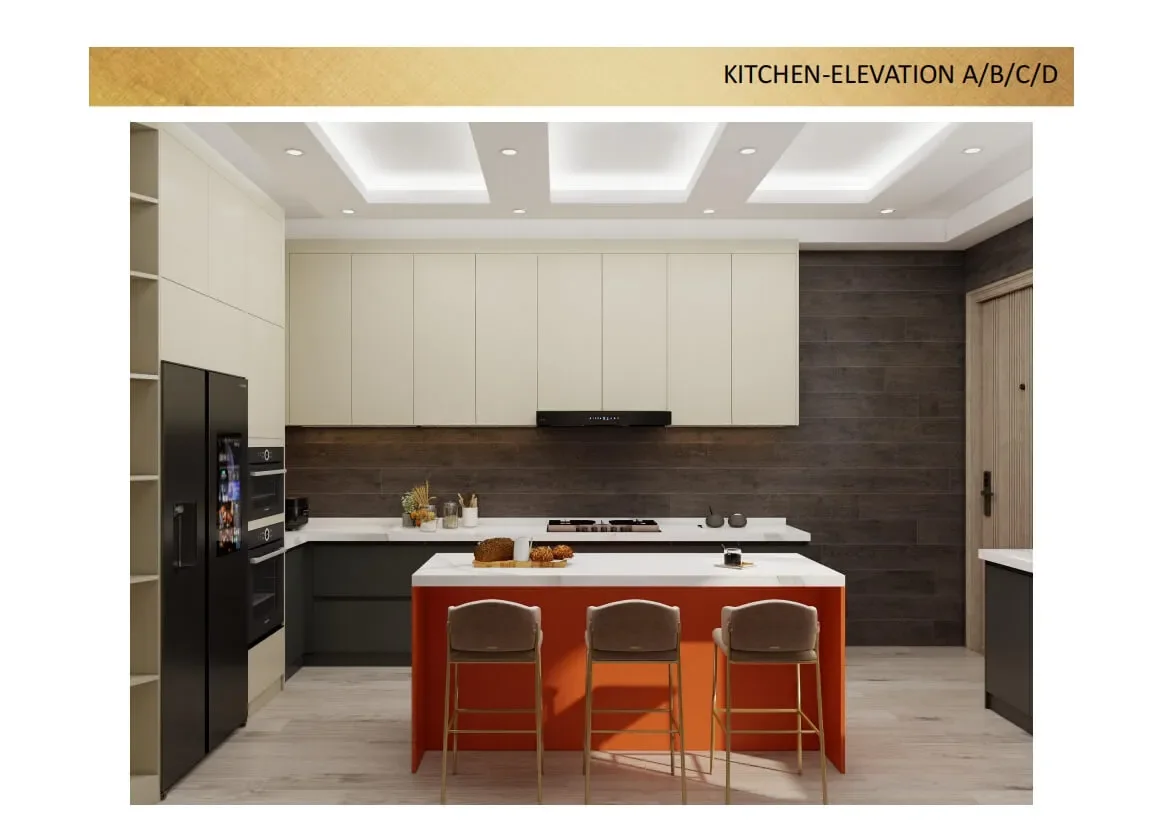 3D kitchen design with island seating for the Ghana project