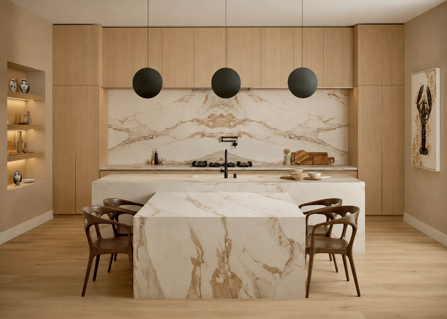 GEORGE light timber-look kitchen design with tall grain-matched cabinets and marble-look island.