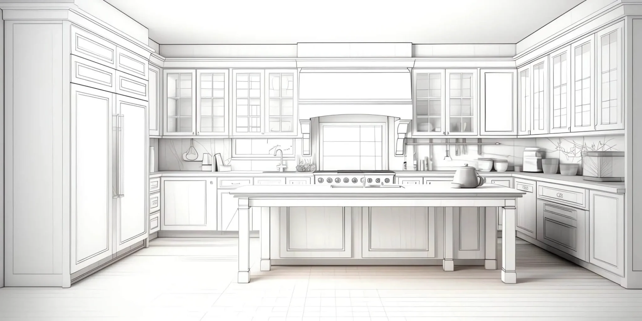 GEORGE line-drawing kitchen design with perimeter cabinets, tall units, an island and framed door fronts.