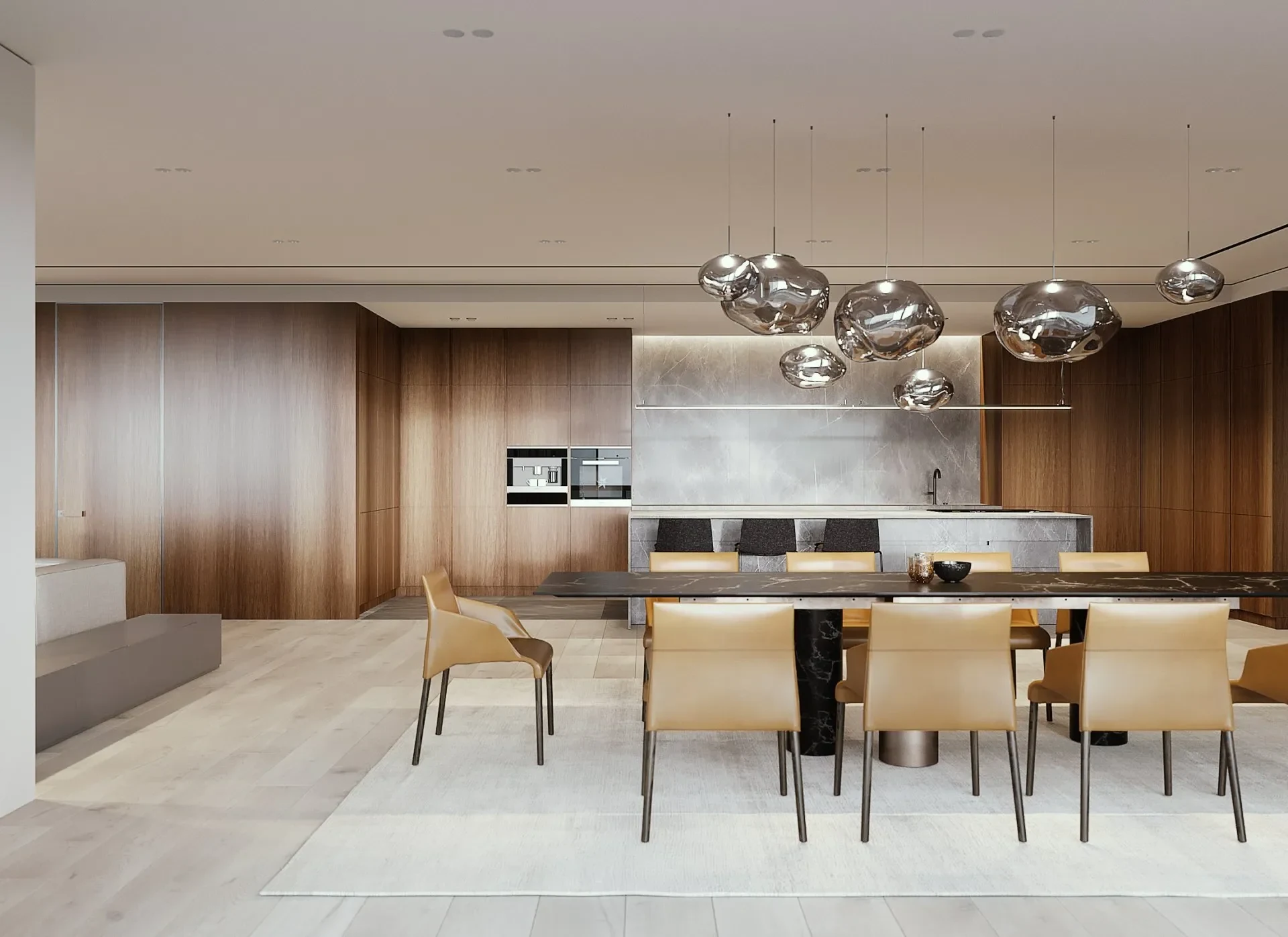 GEORGE interior design with timber wall panels, concealed tall storage and a flush doorway forming a continuous dining-room elevation.
