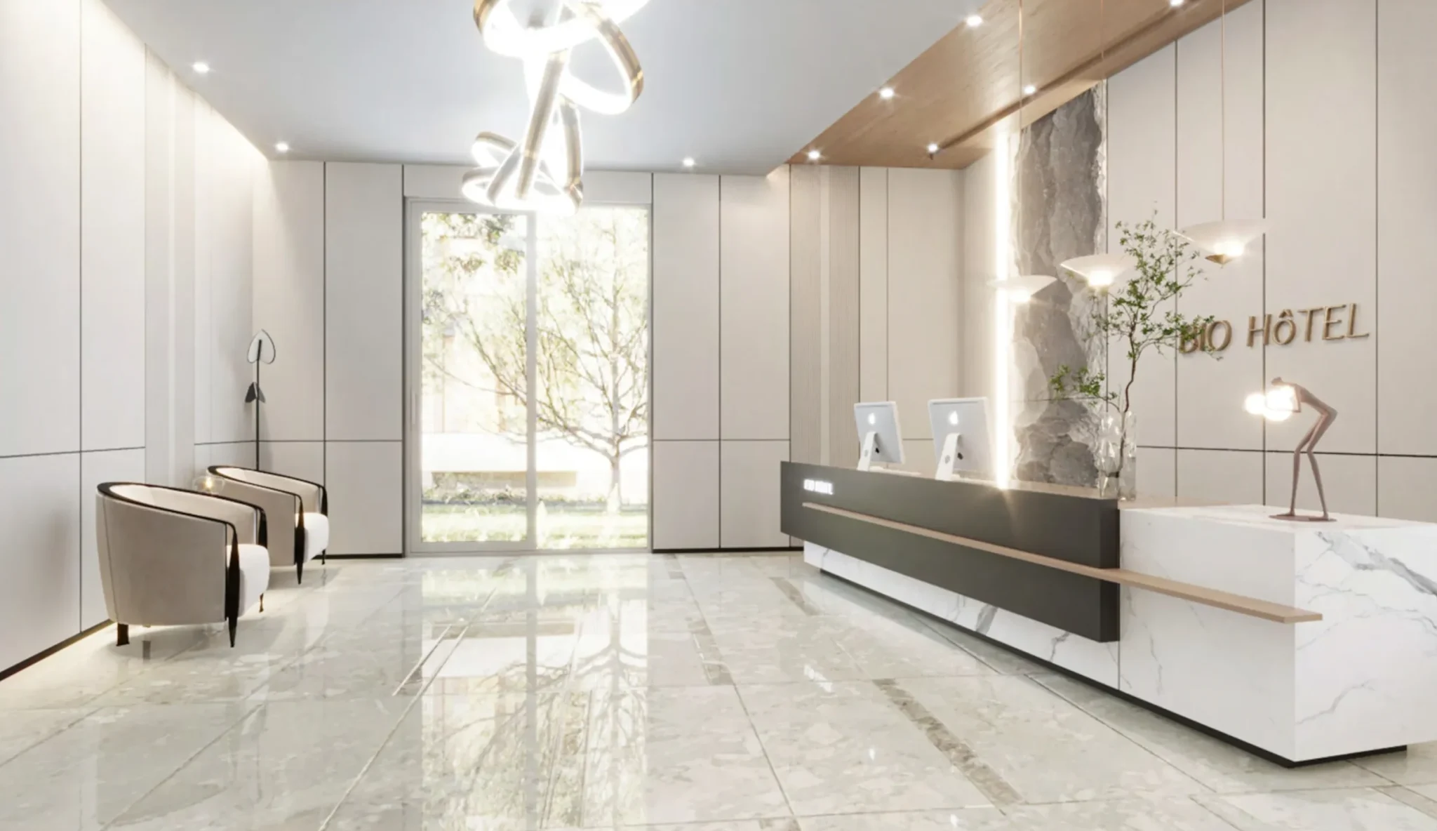 GEORGE Group hotel reception design visualization showing a counter and full-height wall storage.