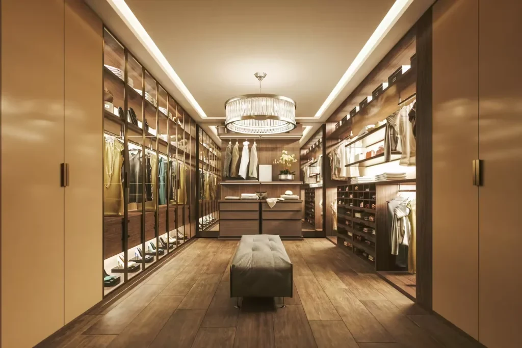 GEORGE walk-in closet design with storage on both long walls, glazed fronts, open shelves and a central bench.