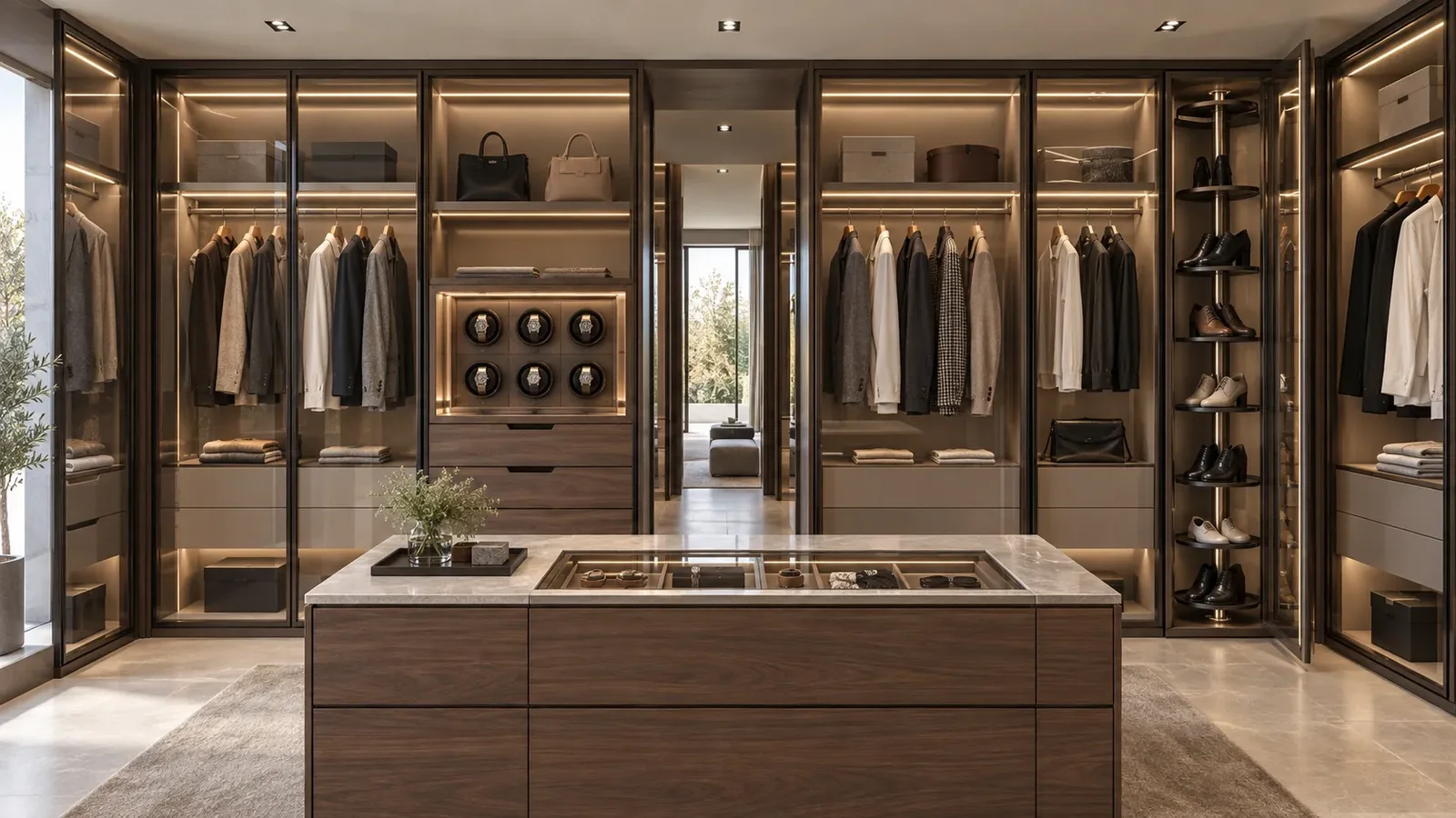 Walk-in wardrobe with glass-fronted storage and a central island