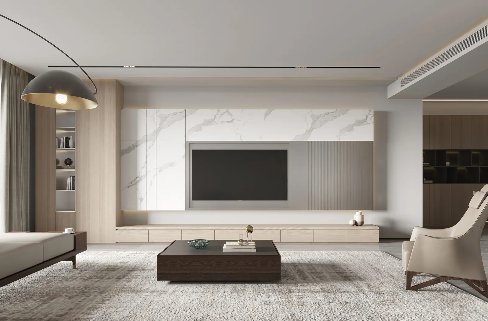 Large living-room wall with television, low storage and display cabinet
