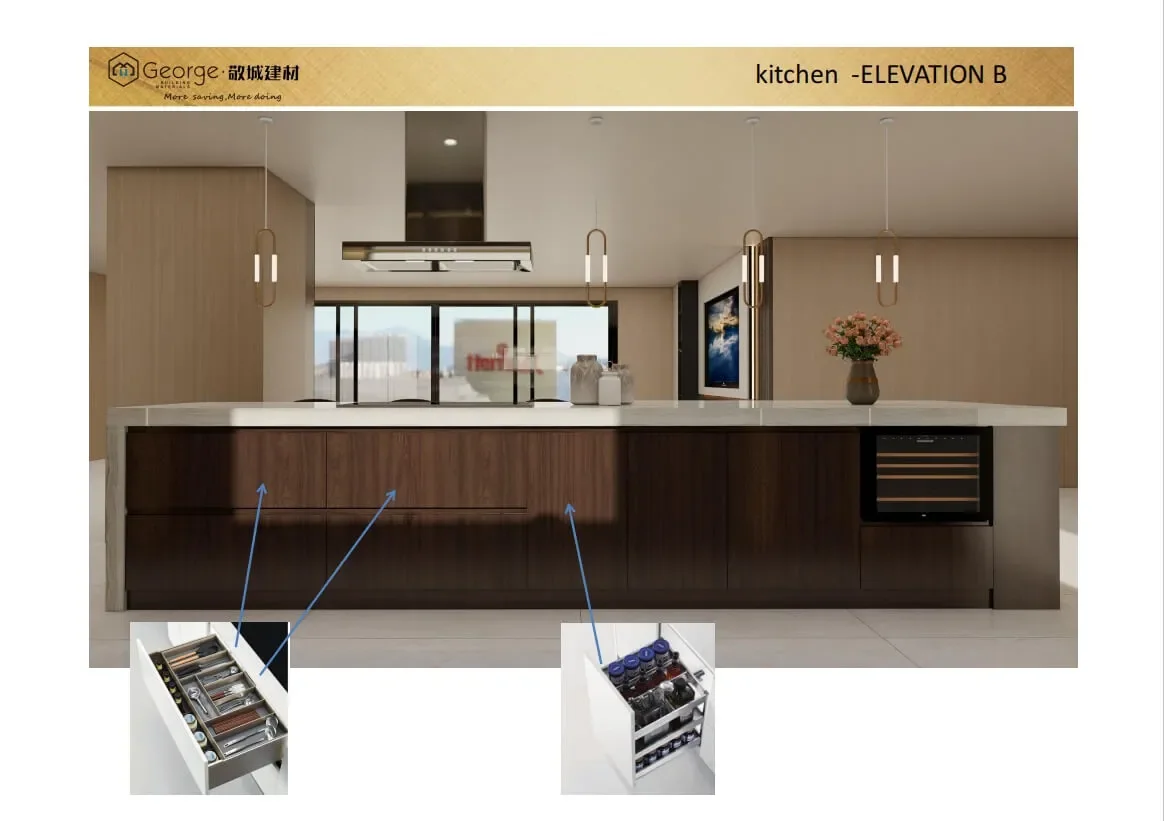 3D kitchen design with island and tall cabinets for the Swedish apartment project