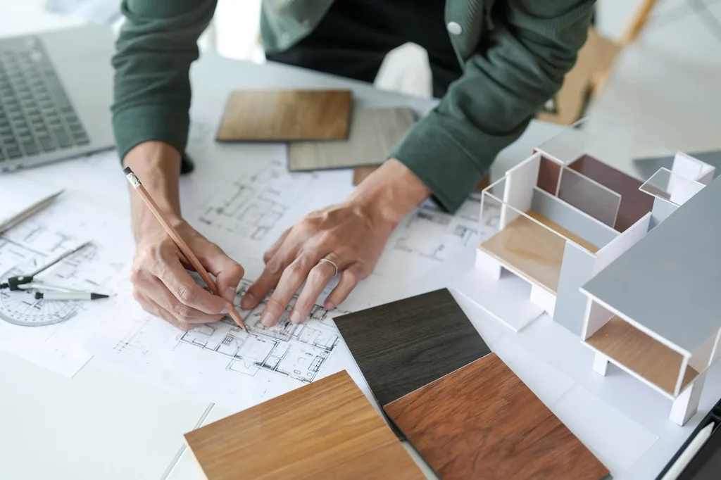 GEORGE Group design coordination reference showing drawings, a scale model and finish samples.