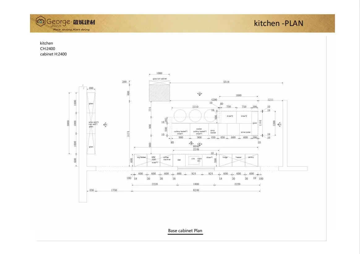 2D kitchen plan with cabinets and appliances for the Swedish apartment project