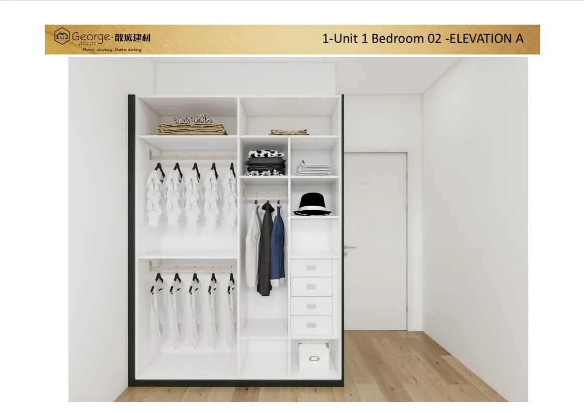 3D wardrobe design with hanging, shelf and drawer zones for the British apartment project
