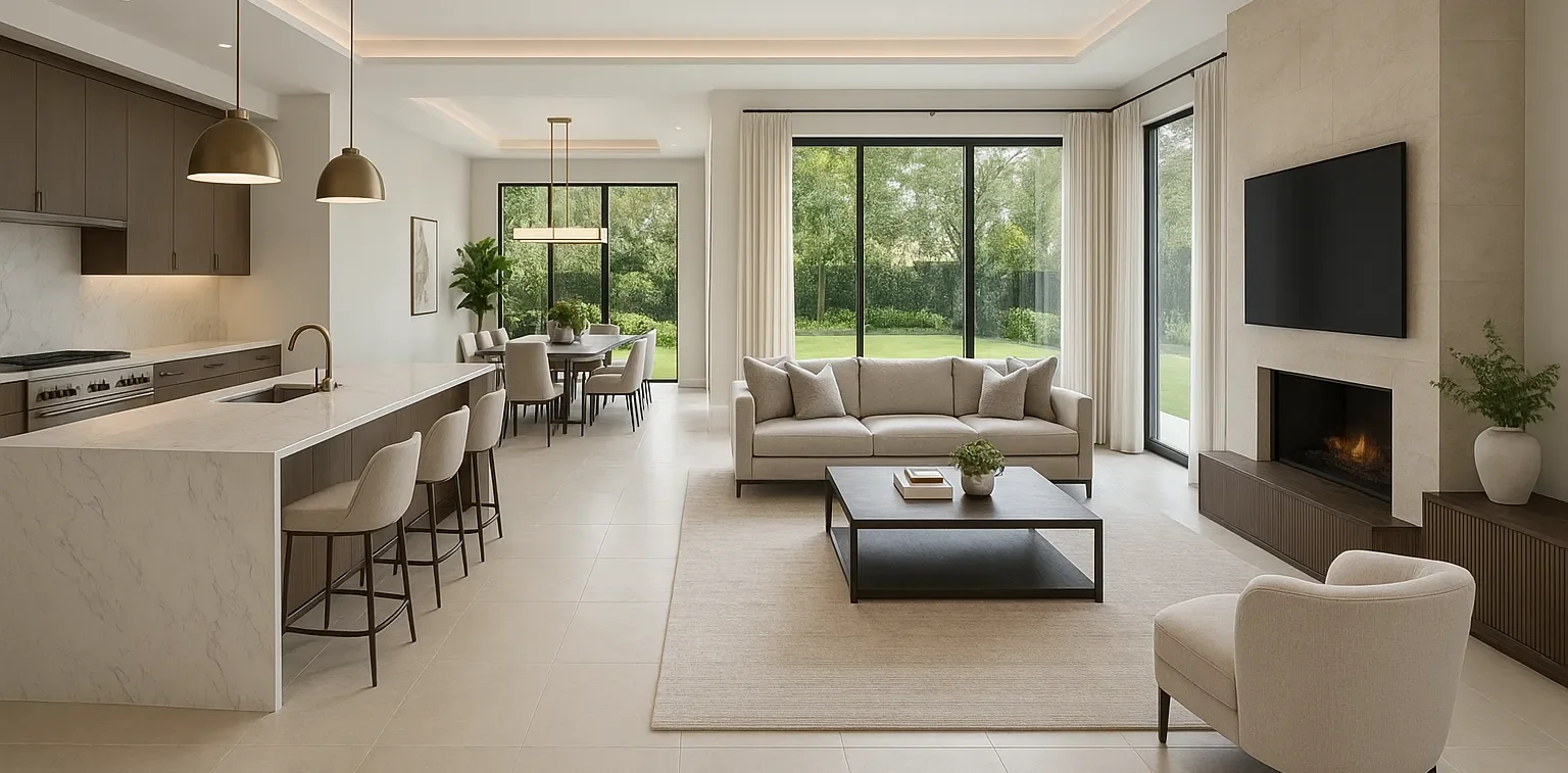 Open living area with kitchen cabinetry, island and built-in media joinery