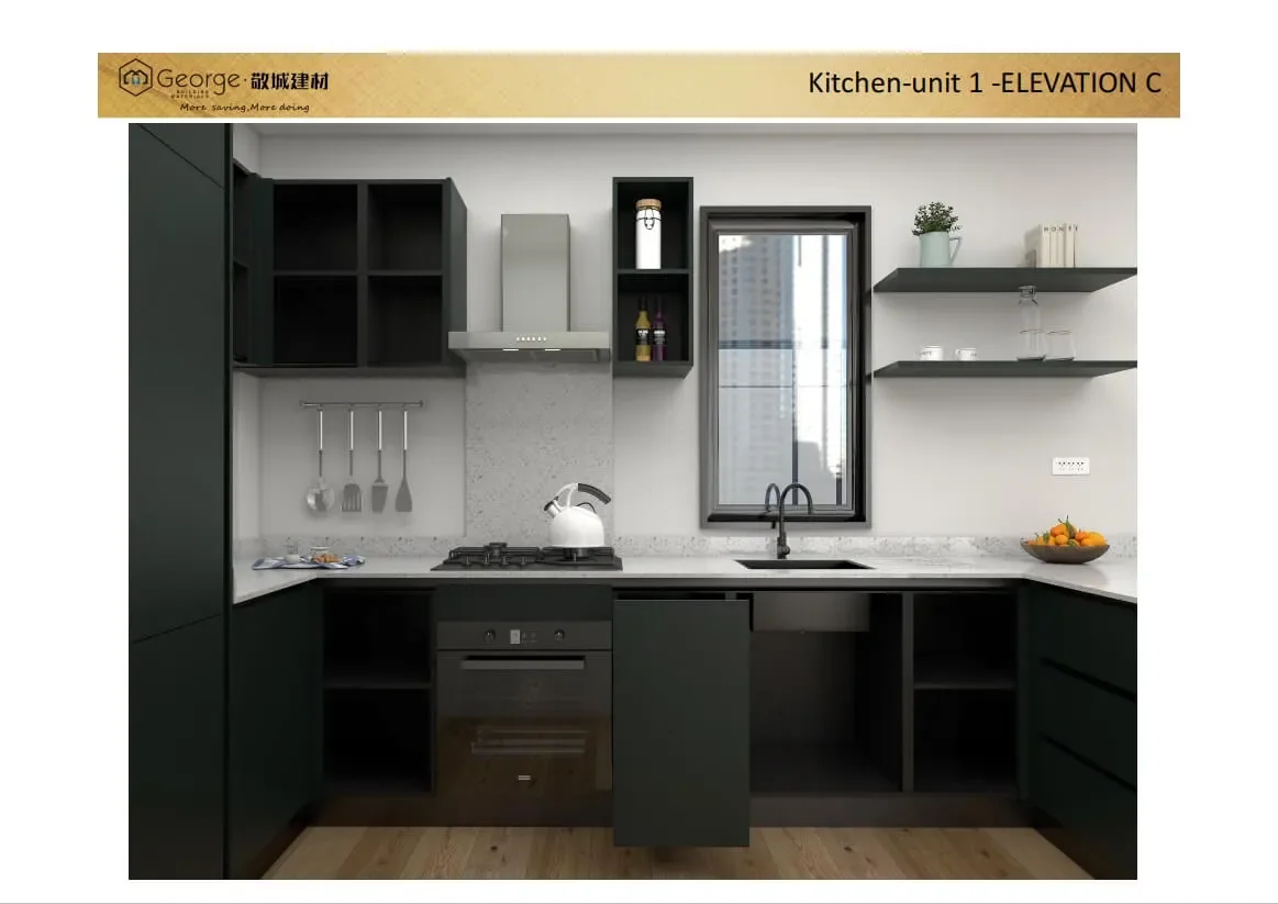 3D design elevation of dark kitchen cabinetry for the British apartment project
