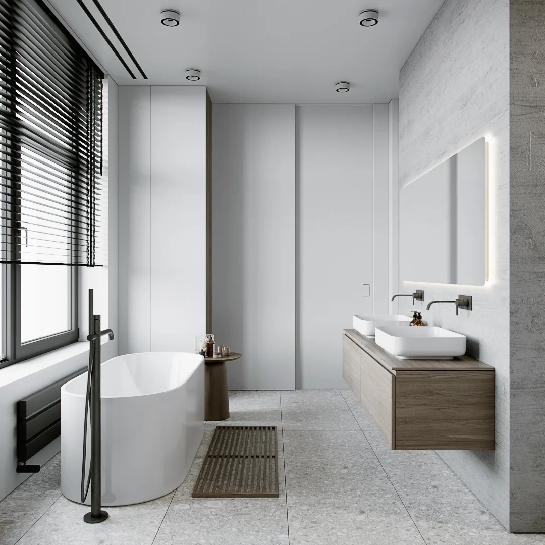Bathroom with a bathtub, single-basin wall-mounted vanity and tall storage cabinet