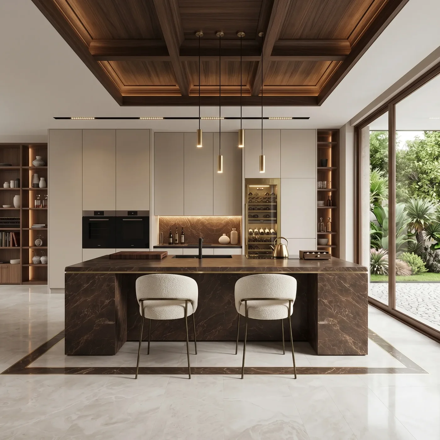 Dark wood kitchen cabinetry with an island in an open residential interior