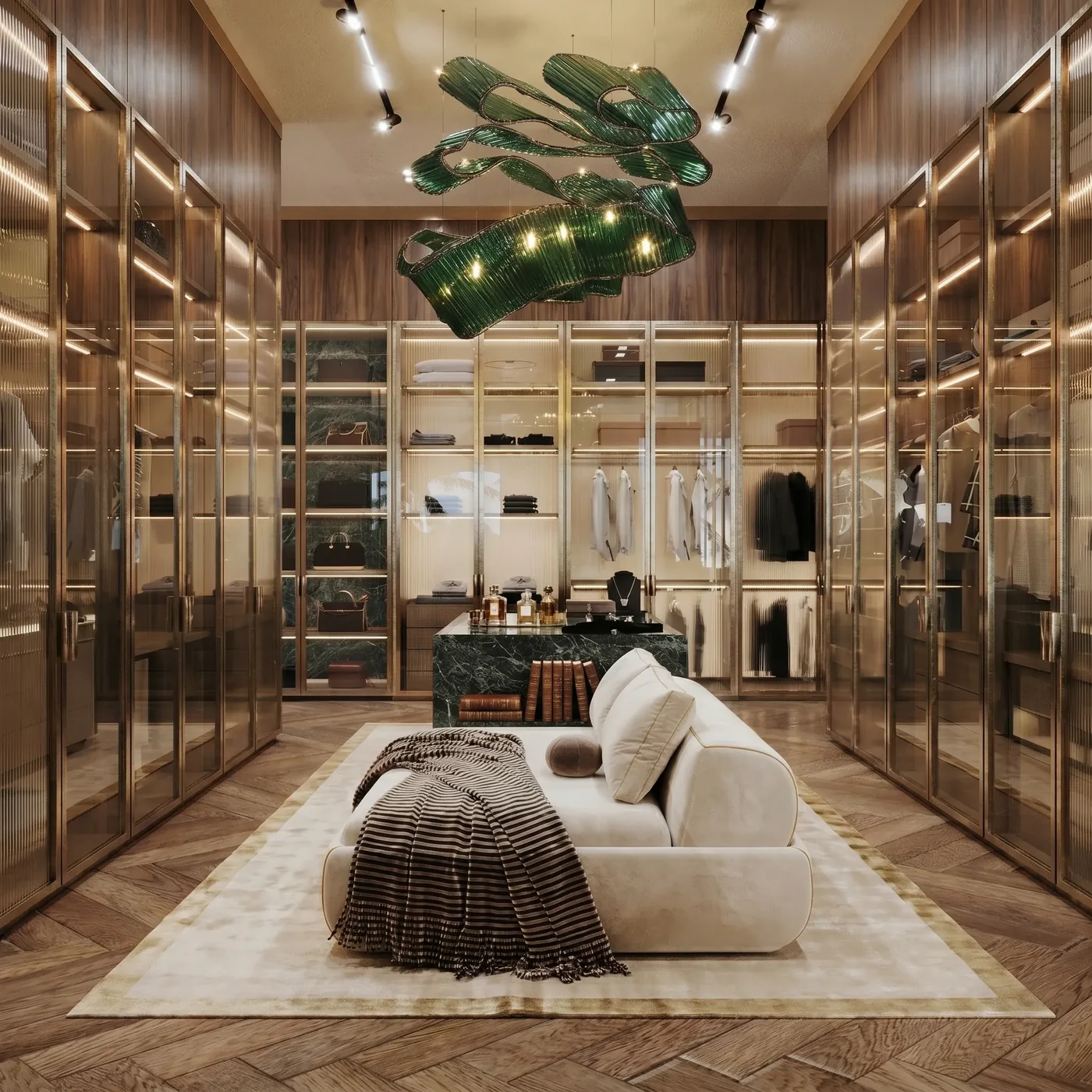 Walk-in wardrobe with glass fronts and warm timber finishes