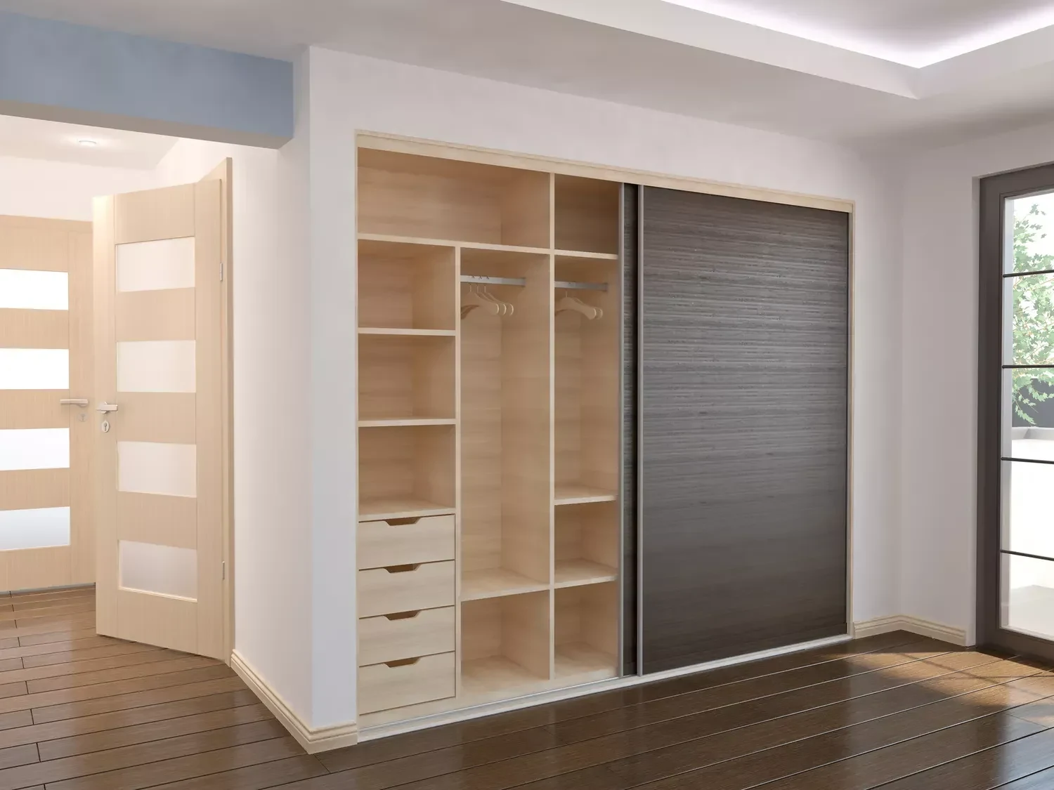 GEORGE wardrobe design with one timber sliding panel moved aside to expose shelves, drawers and hanging storage.
