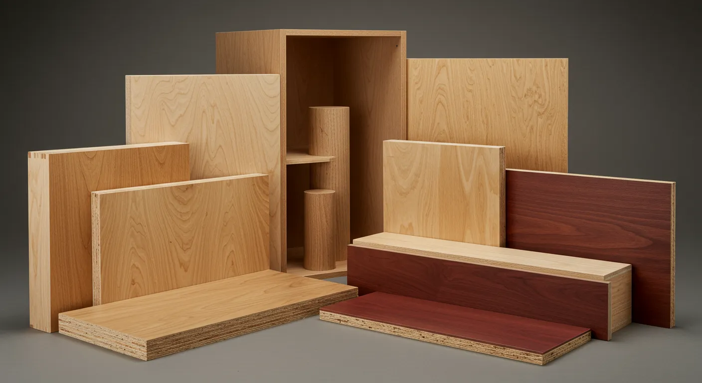 Reference display of wood-faced cabinet panels with exposed layered and composite cores.