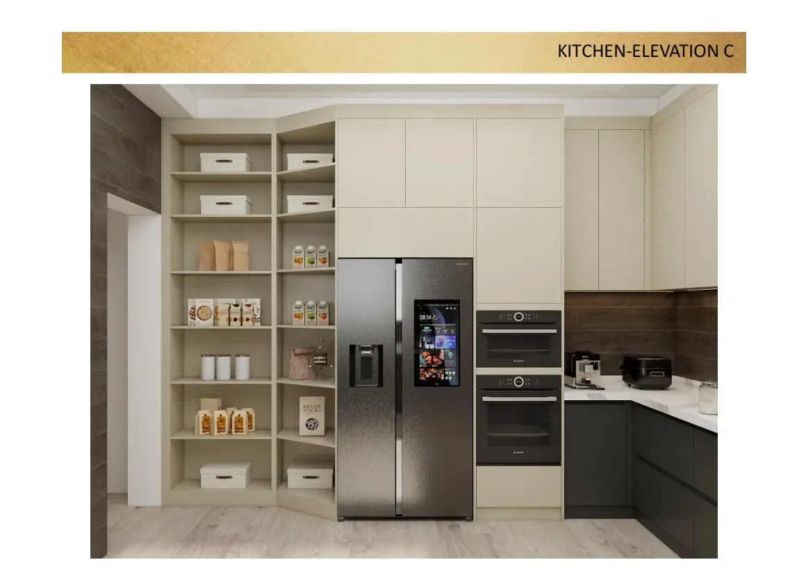 3D kitchen design with refrigerator and oven tall units for the Ghana project