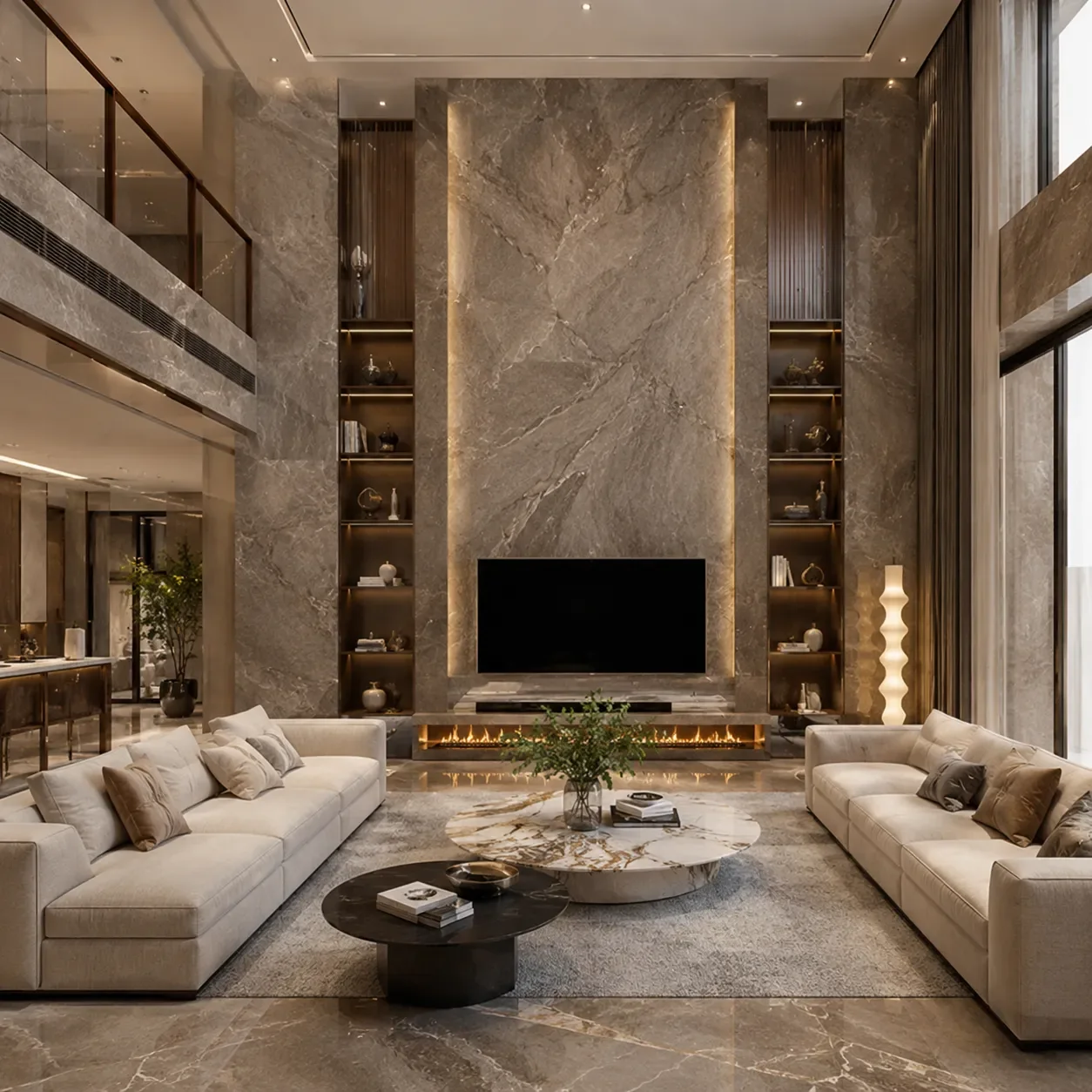 Living room with a full-height media wall and integrated storage