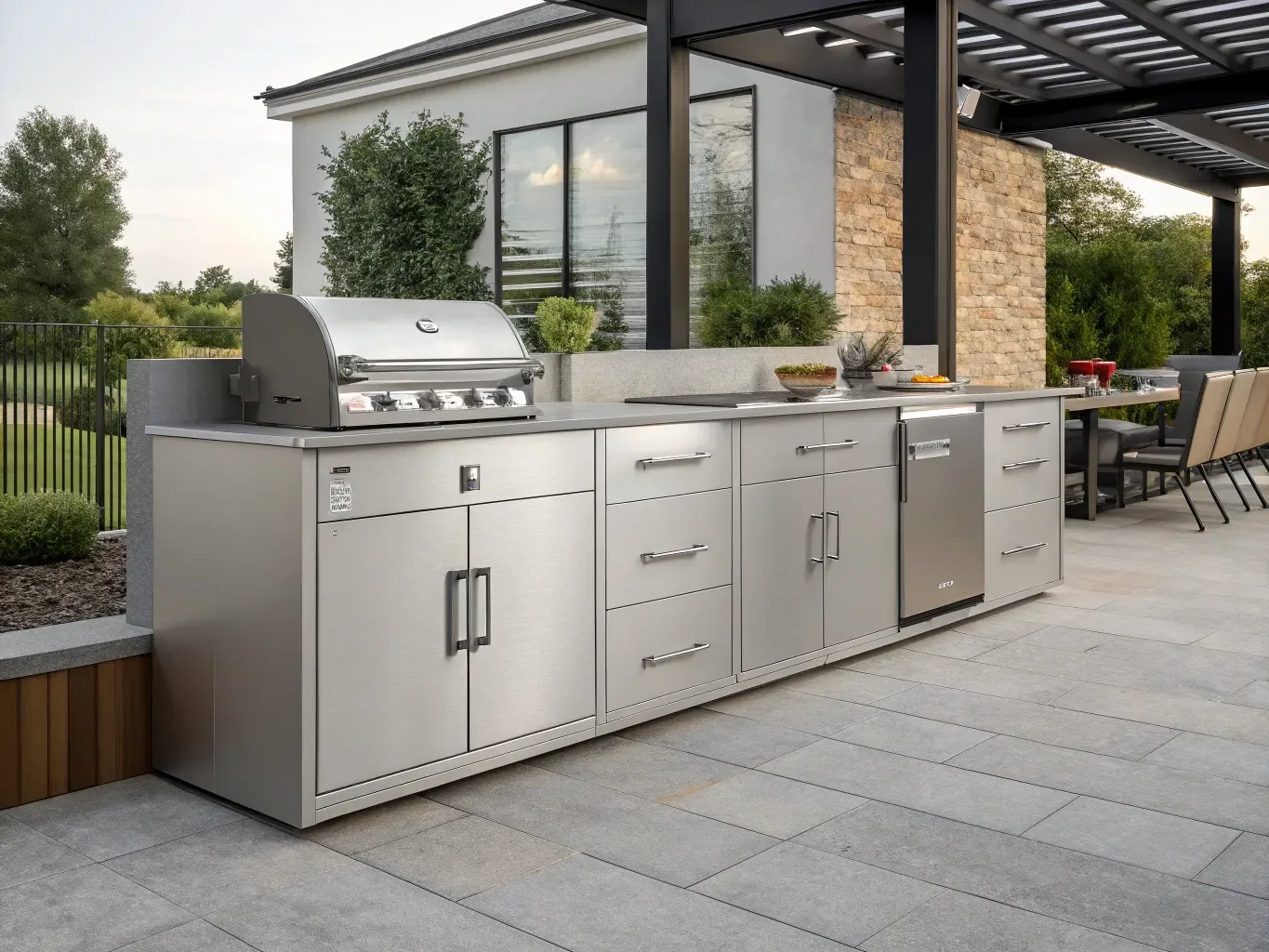 Outdoor kitchen with light metal cabinets under a pergola
