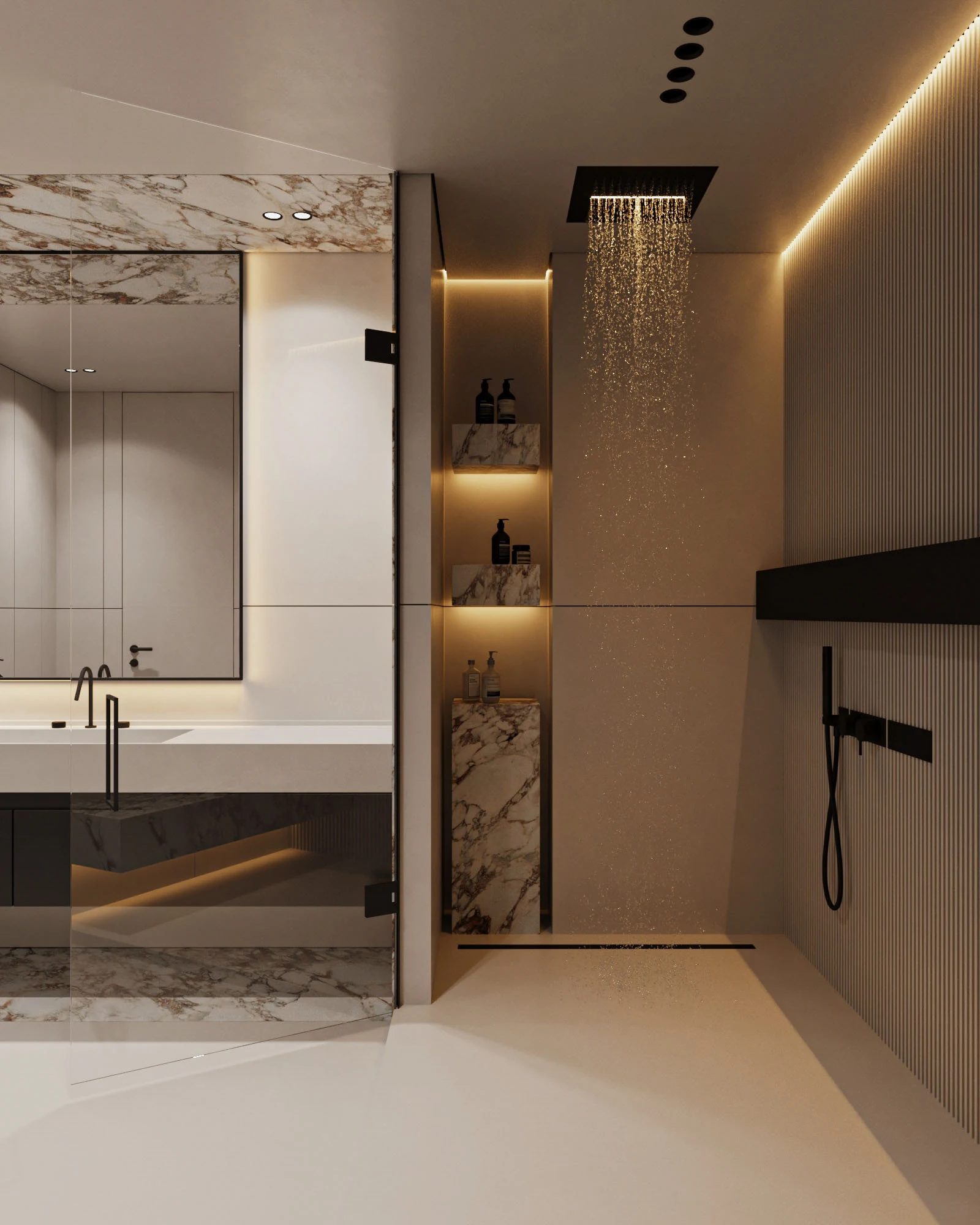 GEORGE bathroom design with a wall-mounted vanity beside open illuminated shelves and a tall storage wall.