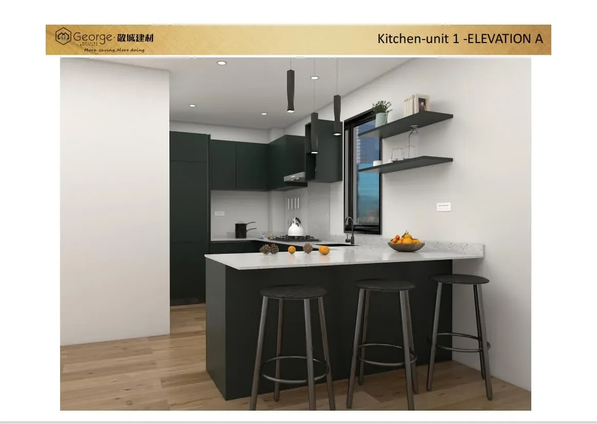 3D kitchen design with an island and wall cabinets for the British apartment project