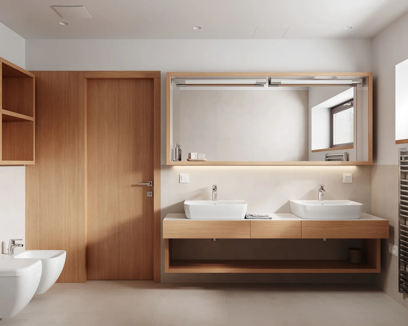 Bathroom vanity and wall cabinet in a timber-toned interior