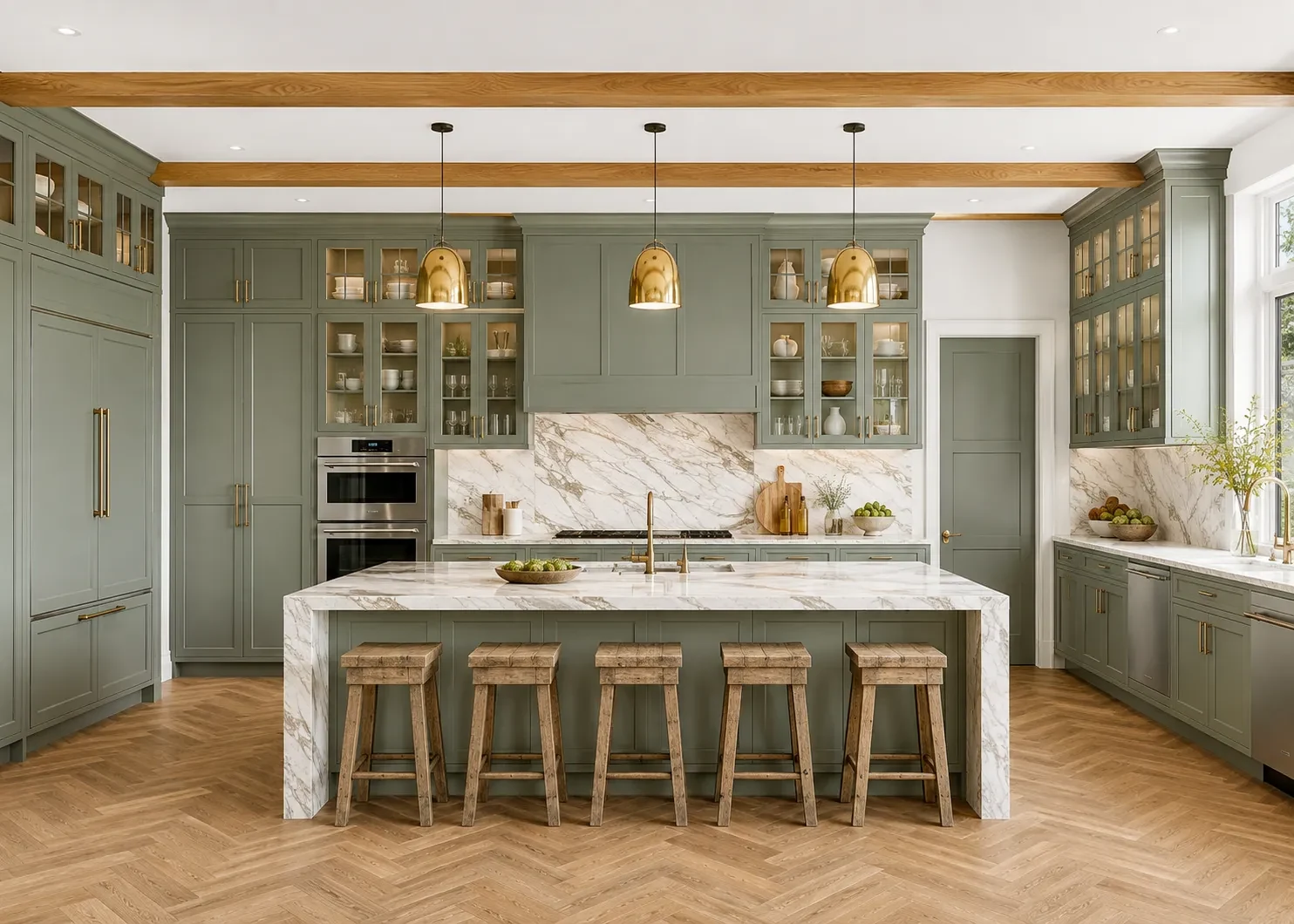 GEORGE sage green kitchen design with green cabinets, stone worktops, timber floor, daylight and pendant lights.