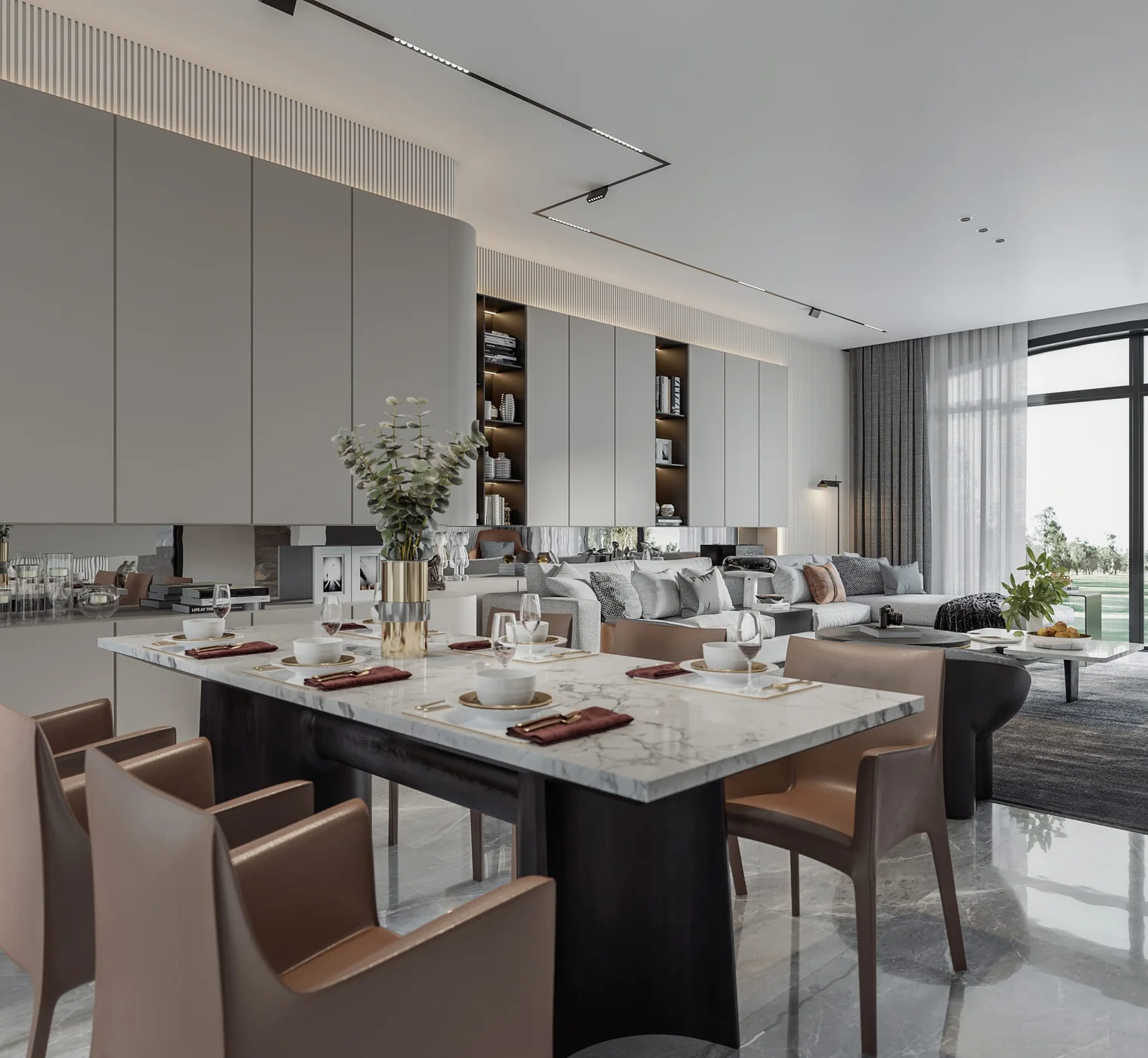 Dining area with full-height display and service cabinetry