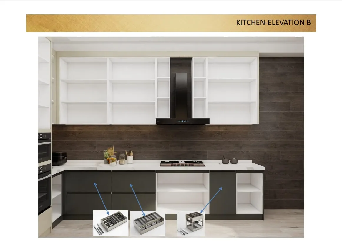3D kitchen elevation with wall and base cabinets for the Ghana project