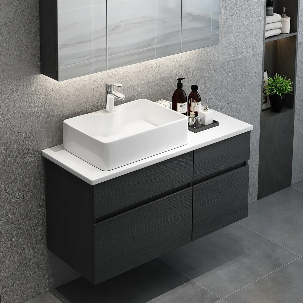 Wall-mounted dark bathroom vanity with a vessel basin