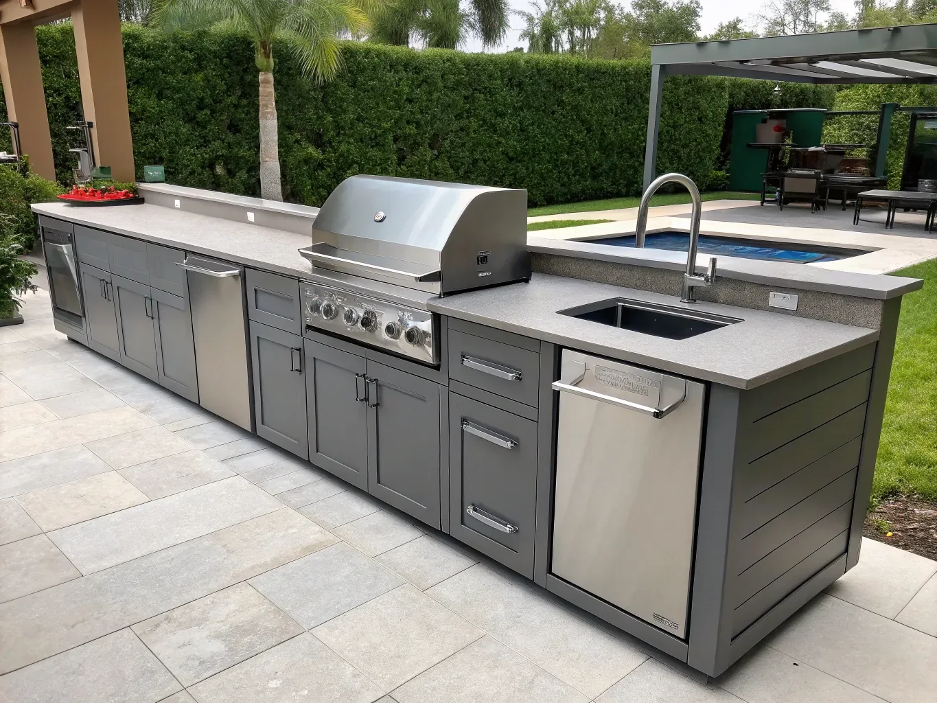 Freestanding outdoor kitchen modules with grill, sink and storage