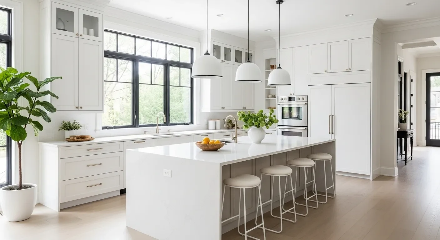 GEORGE kitchen scene with visible stacked oven units, a sink, island cabinetry and surrounding tall and wall cabinets.