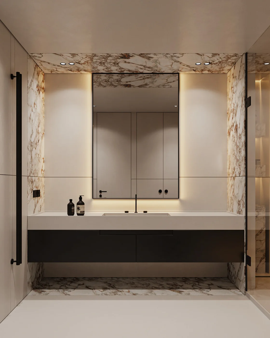 Wide dark bathroom vanity with a long basin counter and mirror
