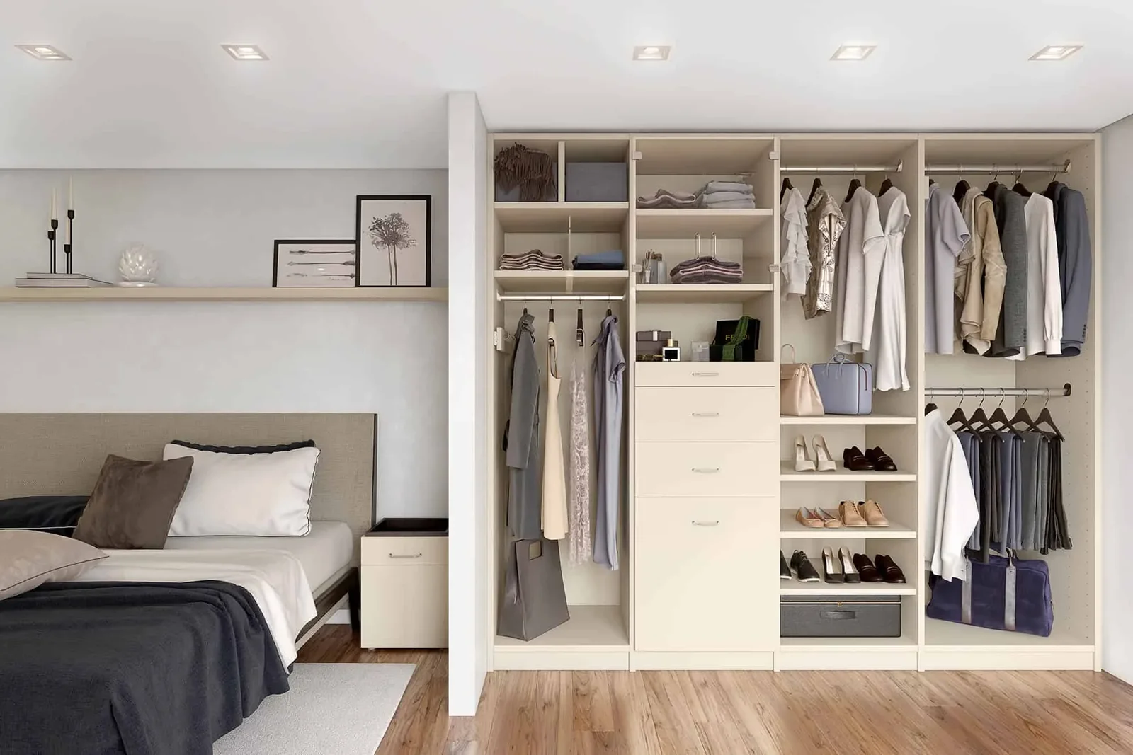 Bedroom wardrobe with open shelves, drawers and hanging sections