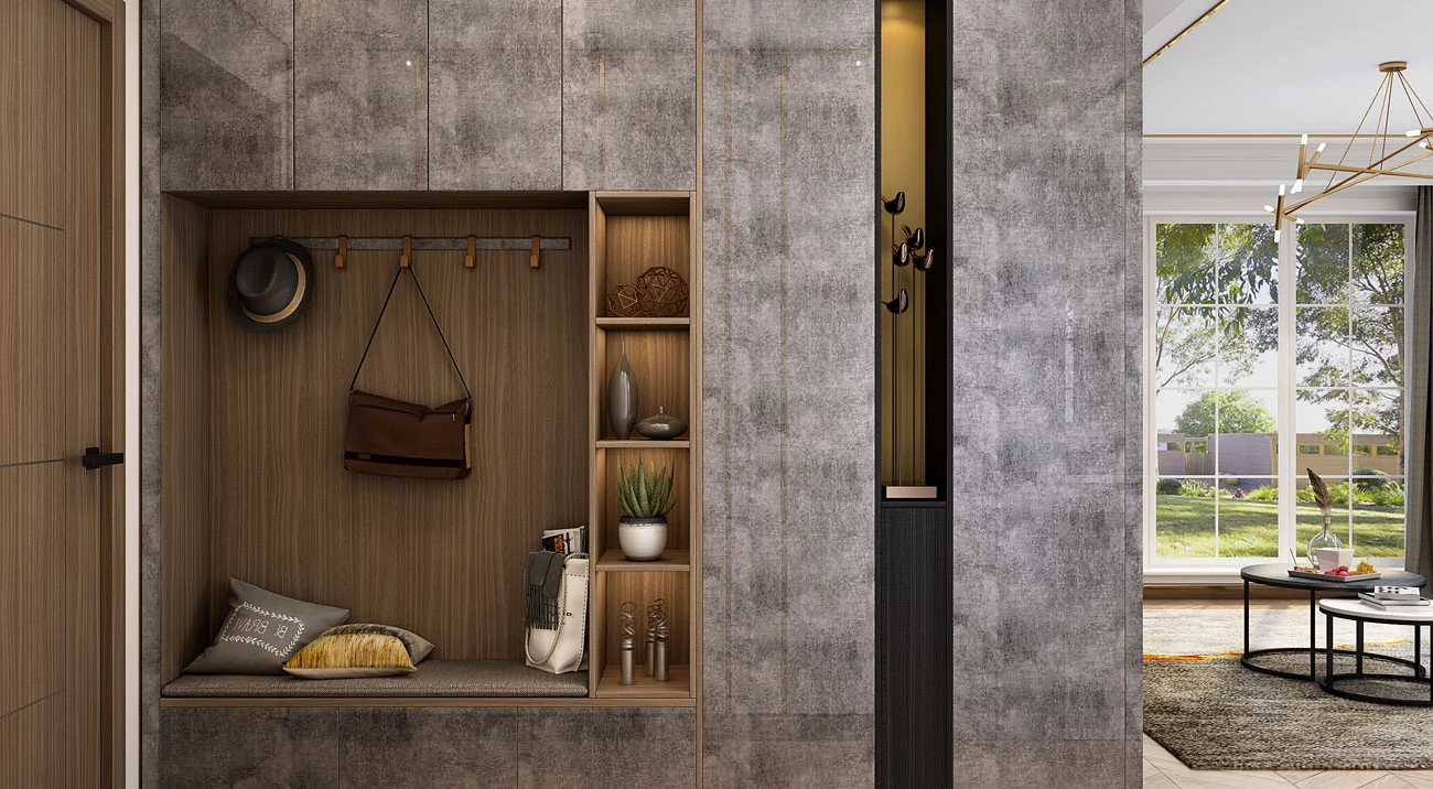 GEORGE entryway design with a timber bench niche, hooks, shelves and full-height concealed storage