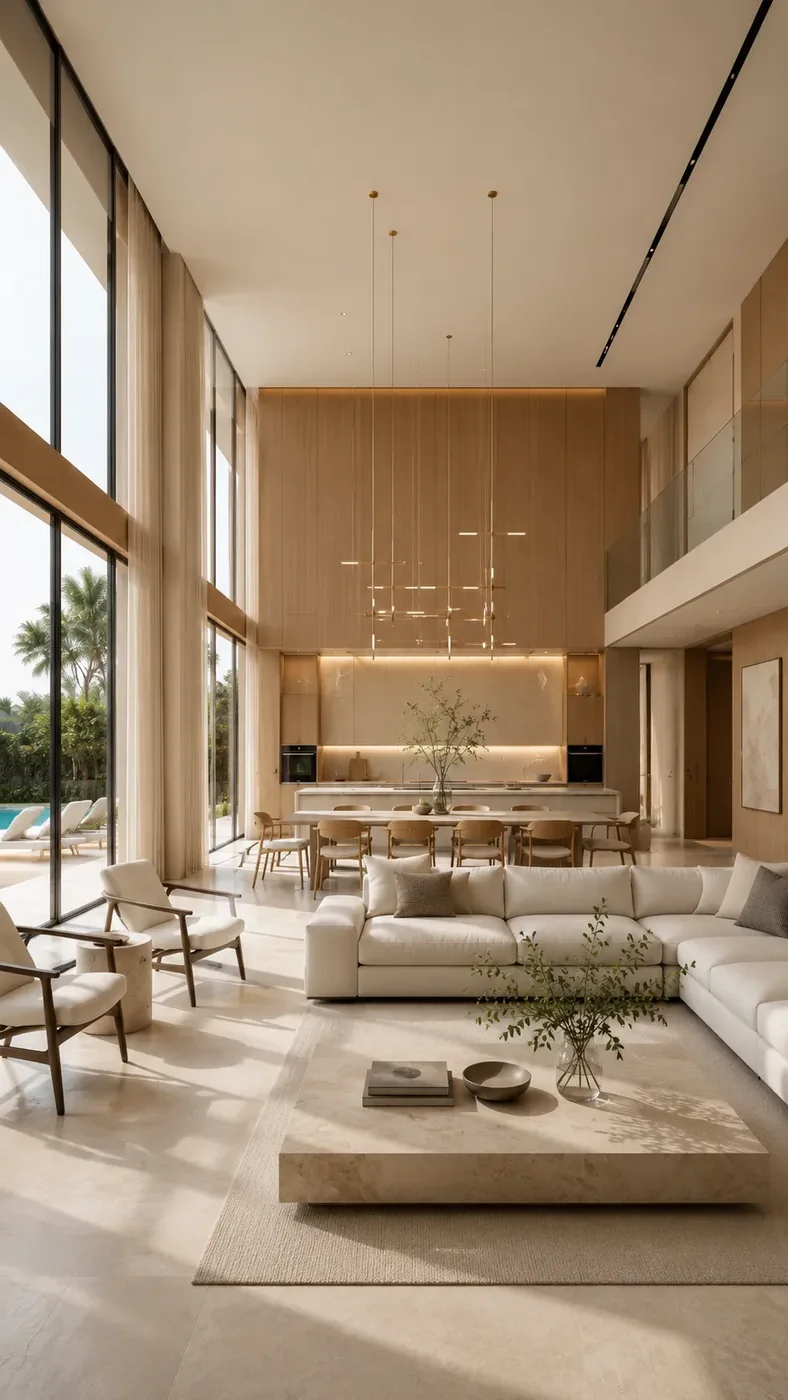 Warm modern residential interior combining cabinetry and adjacent finishes