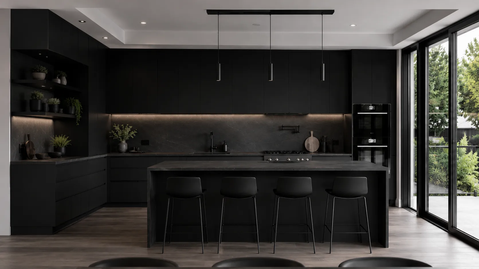 GEORGE dark kitchen design with flat cabinet fronts, tall units, drawers and an island.
