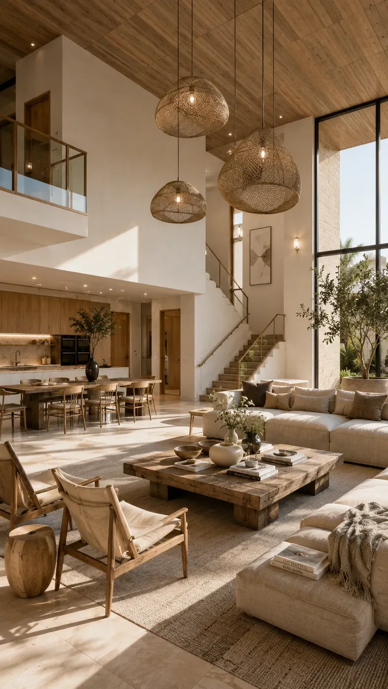 Warm multi-level residential interior with cabinetry and coordinated finishes