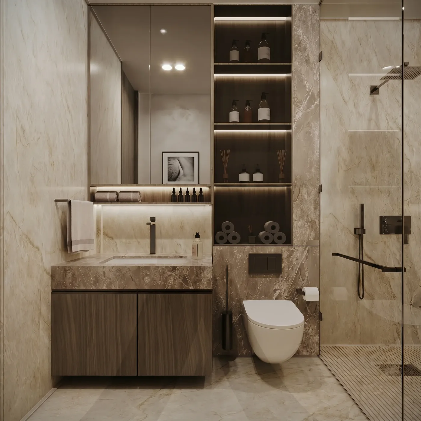 Bathroom vanity and tall storage fitted around a mirror and wall finishes