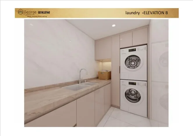 3D laundry-room cabinet design with stacked machines for the Swedish apartment project