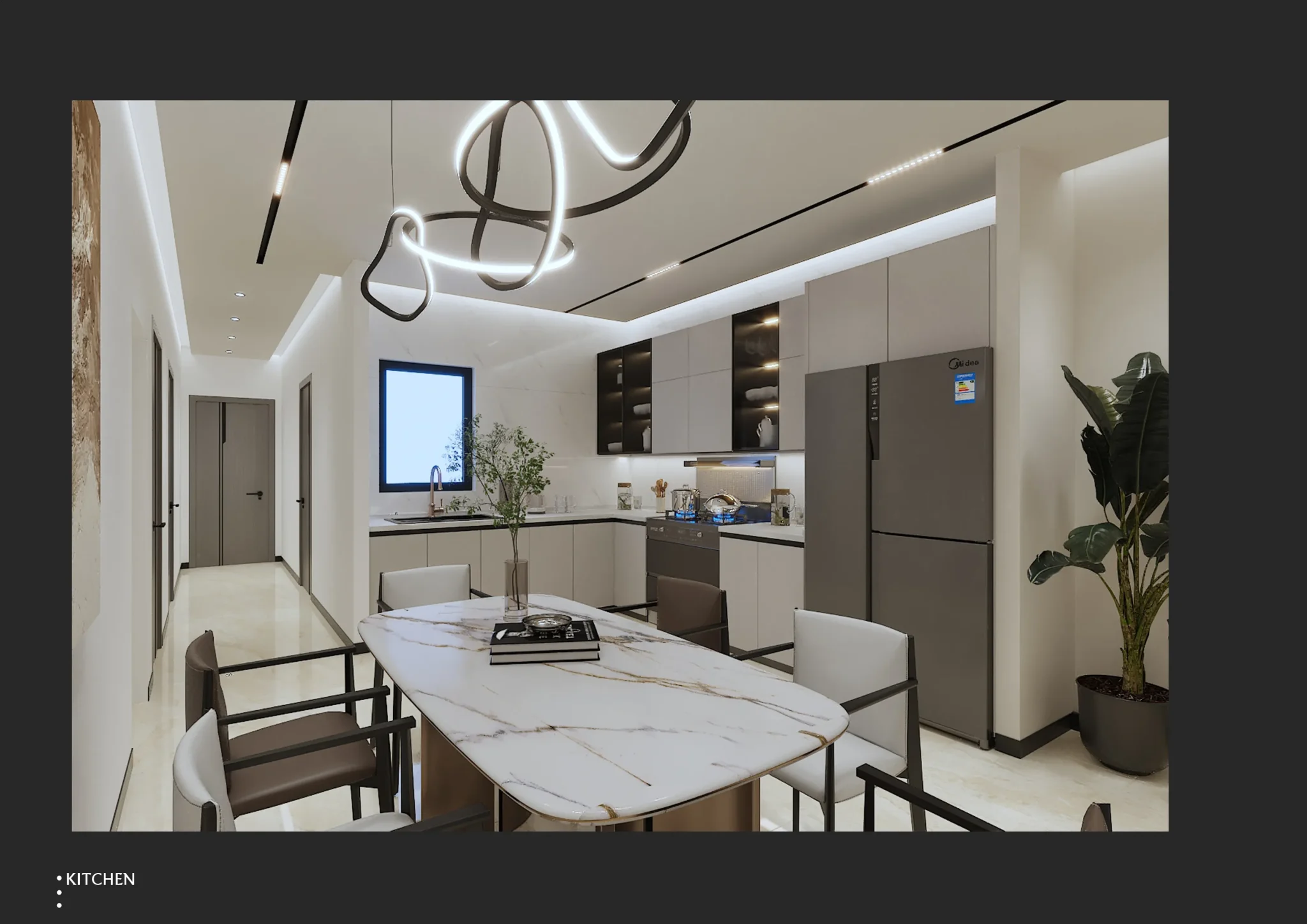 GEORGE Group apartment solution image showing a fitted kitchen with tall units, island, wall and base cabinets.