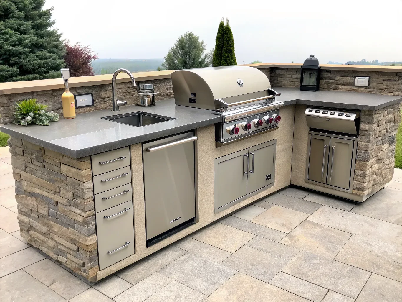 Outdoor kitchen with stone-clad base, grill, sink and cabinet doors