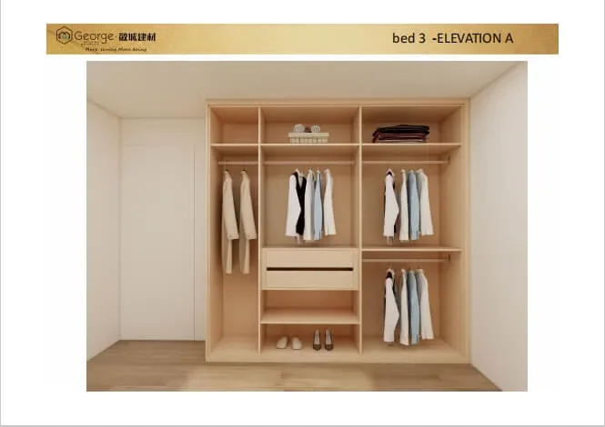 3D bedroom wardrobe design with hanging, shelves and drawers for the Swedish apartment project