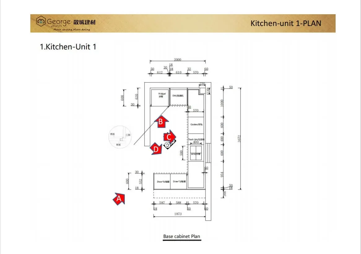 2D kitchen plan with dimensions and cabinet references for the British apartment project