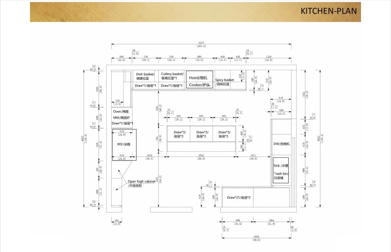 2D kitchen plan with dimensions and equipment positions for the Ghana project